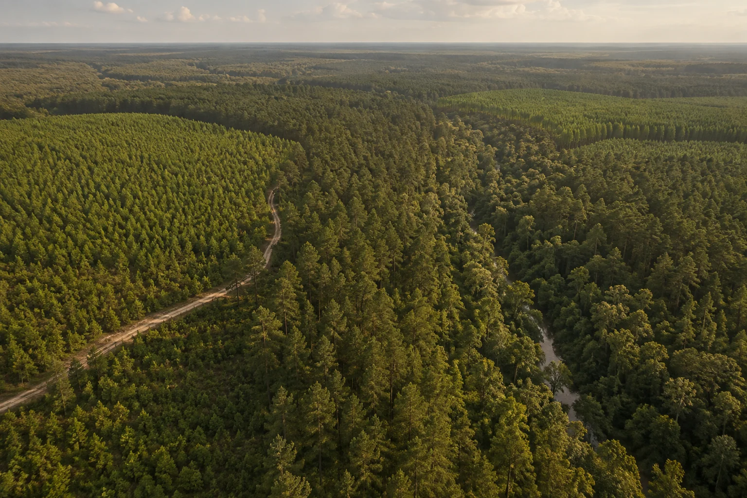 Havainnollistava ilmakuva laajan metsäalueen männiköistä, lehtipuuvyöhykkeestä ja metsätiestä