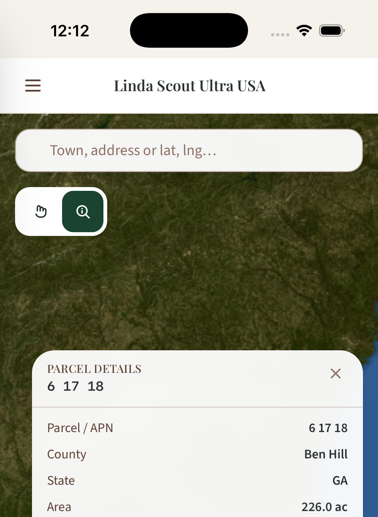 iPhonen kiinteistötiedot: kohde 6 17 18, Ben Hill, Georgia, 226,0 eekkeriä; omistajatiedot rajattu pois
